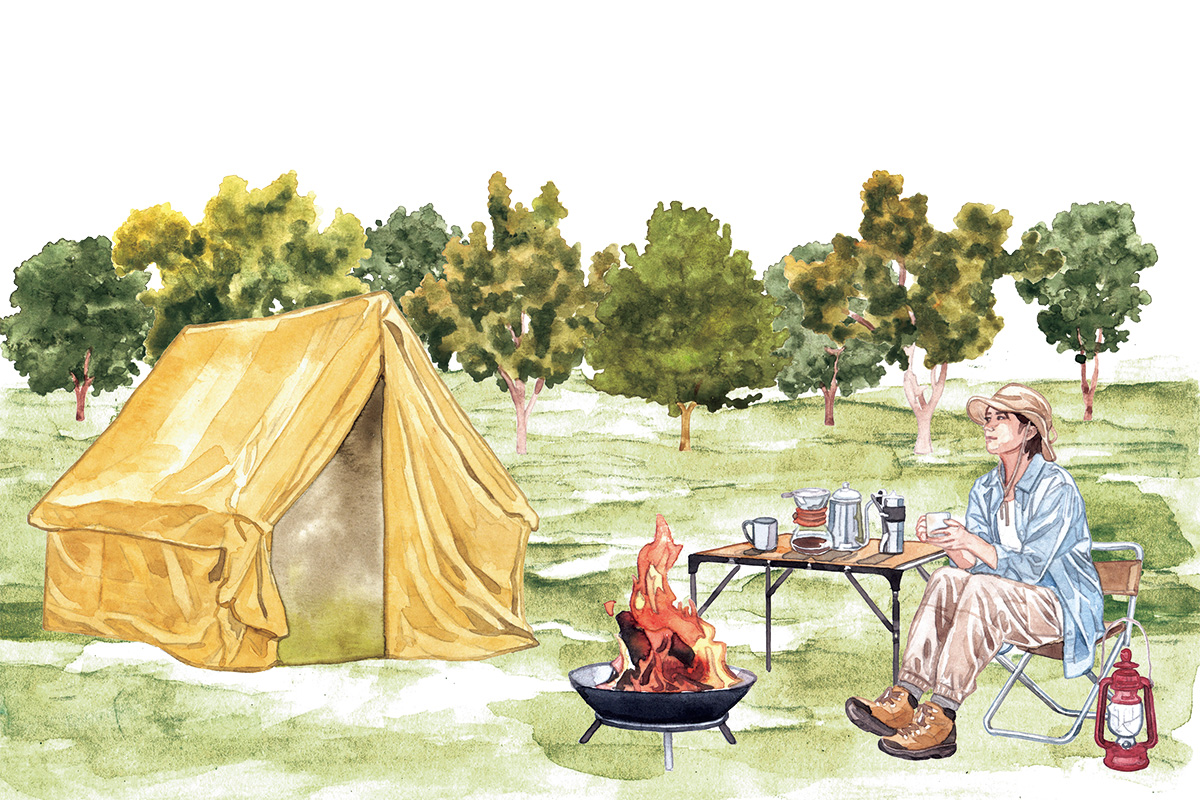 キャンプをしている女性のイラスト