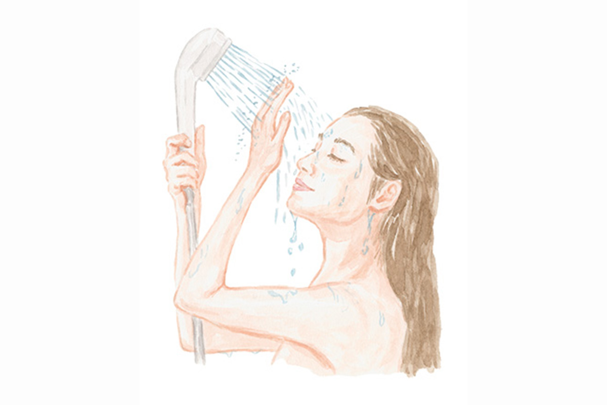 シャワーを顔に当てる女性のイラスト