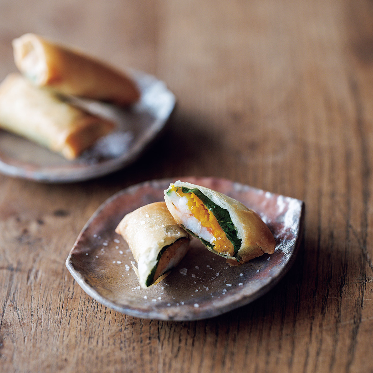 ぷりぷりのエビと一緒に、パリッと。「かぼちゃ、エビ、大葉の春巻き」