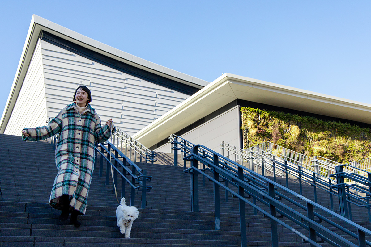 有明親水海浜公園で犬を散歩させる女性