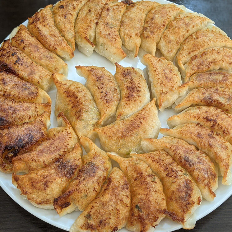 円盤餃子（30個）1,980円。メニューは焼き餃子、水餃子、お新香、ドリンクのみ。