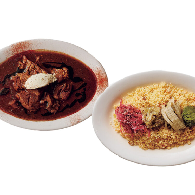 左・ラムとスモークハラペーニョ、焦がしトマト煮込み2,000円。下・クスクスセット800円。 左・ラムとスモークハラペーニョ、焦がしトマト煮込み2,000円。下・クスクスセット800円。