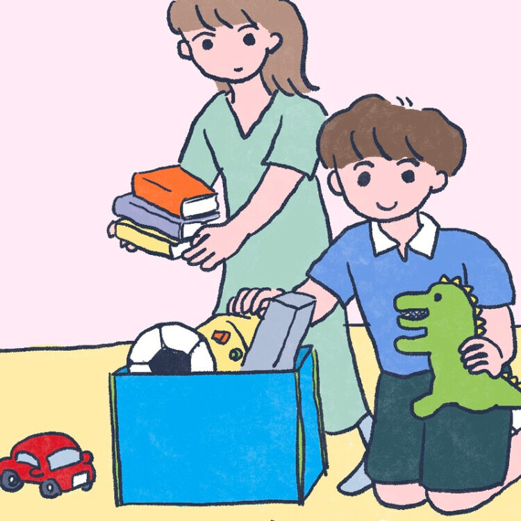 子供が母親と片付けをしているイラスト