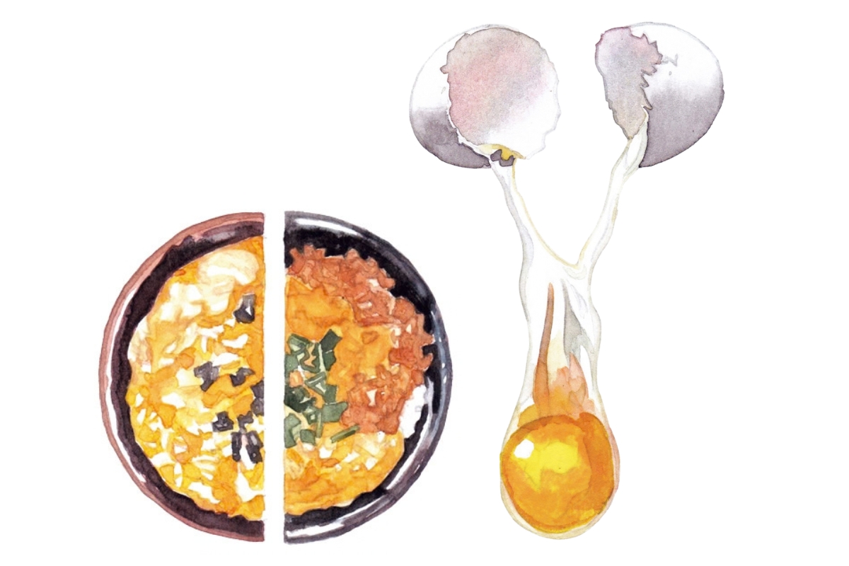京都の卵でとじる。卵で蓋する。がわかるイラスト